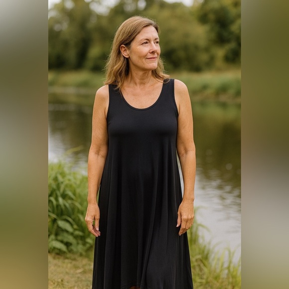 Eileen Fisher Black Rayon Lycra Sleeveless Maxi Dress Small High Low Hem - Picture 1 of 8